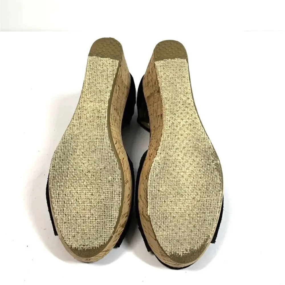 Toms Black Suede Leather Cork Wedge Open Toe Platform Sandals Women Size 6.5